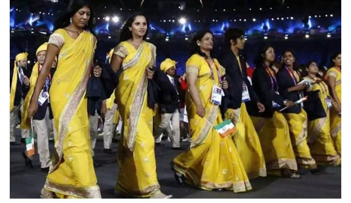 Olympic parade of Indian women athletes with sarees!